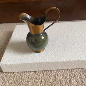 VINTAGE MINIATURE MID-CENTURY MODERN BRASS AND GREEN ENAMEL OPPENHEIM PITCHER